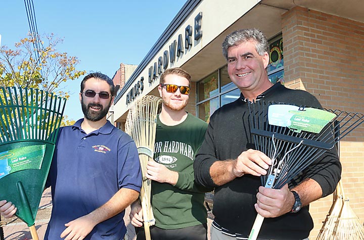 Got leaves? Taylor Hardware on Main Street in Belmar has the solution to a variety of home needs. Pictured at the store are Steve Frye, manager; Jake Connor and Joe Connor, owner. 