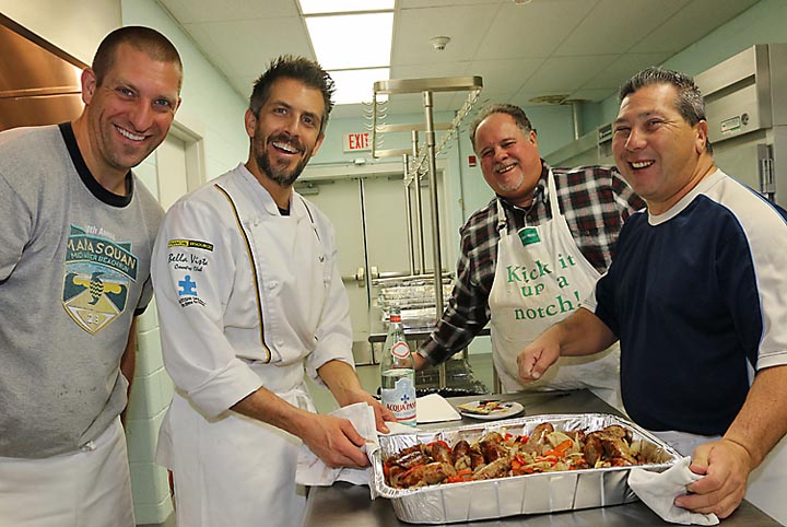 Serving free meals on Christmas Day at the Salvation Army in Asbury Park were Bryan Nevin, Spring Lake, Stephan Manno of Giamano’s restaurant in Bradley Beach, Al Lingo of Avon and Sonny Church of Neptune.