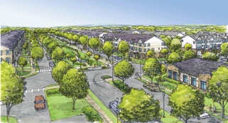 Plans for a portion of the former Fort Monmouth property in Tinton Falls include tree-lined streets and a walkable town center. (Artist's rendering for Lennar Corp.)