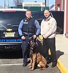 Coaster Photo - Bradley Beach Police Officer Andrew Redmond (left) and Police Chief Leonard A. Guida welcome the department's newest officer, K9 Sting.