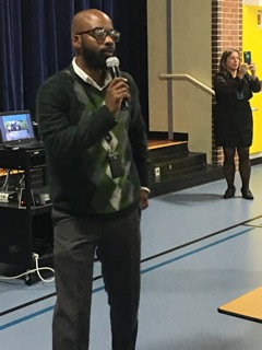 Keynote speaker, Dr. Rashawn Adams speaks to fathers and students at the Nov. 7 Bring Dad to School Day. Asbury Park Board of Education President Angela Ahbez Anderson and Principal Thea Jackson-Byers lead the event.